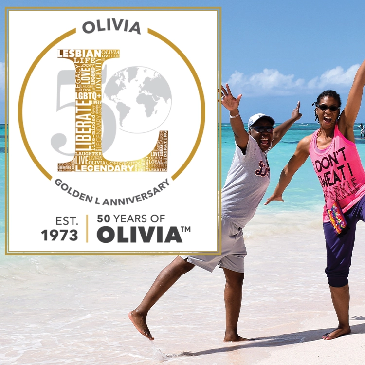 Olivia's 50th Anniversary Golden L Logo and Happy Women Jumping on the Beach