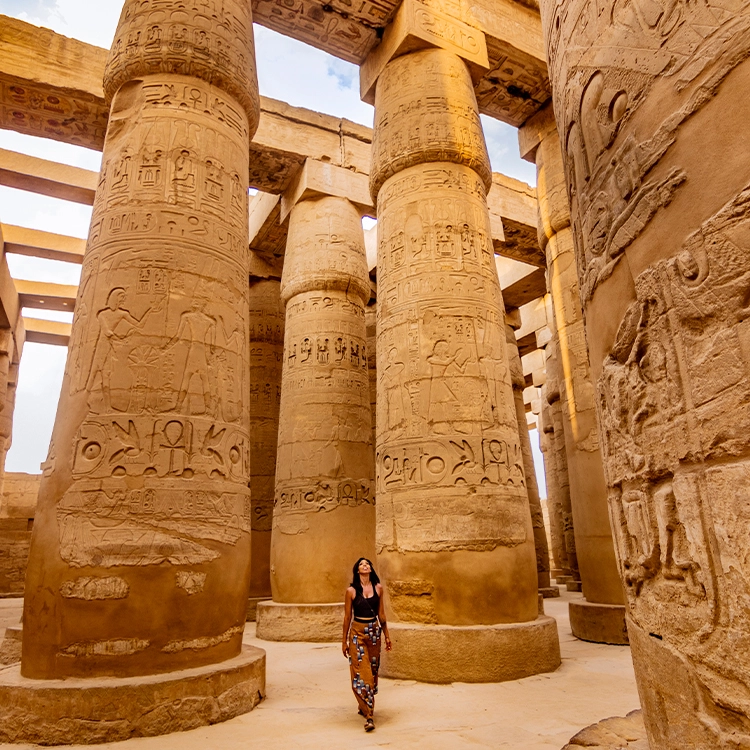 Ancient Egyptian Wonders: Woman Visiting Hypostyle Hall